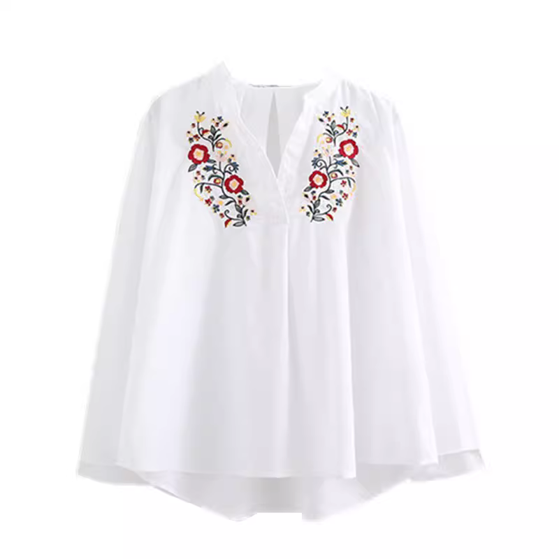 Áo sơ mi thêu hoa phong cách dân tộc Xuân 2024 Dream Box, cổ đứng, kiểu dáng rộng rãi, chất liệu cotton trắng đa năng