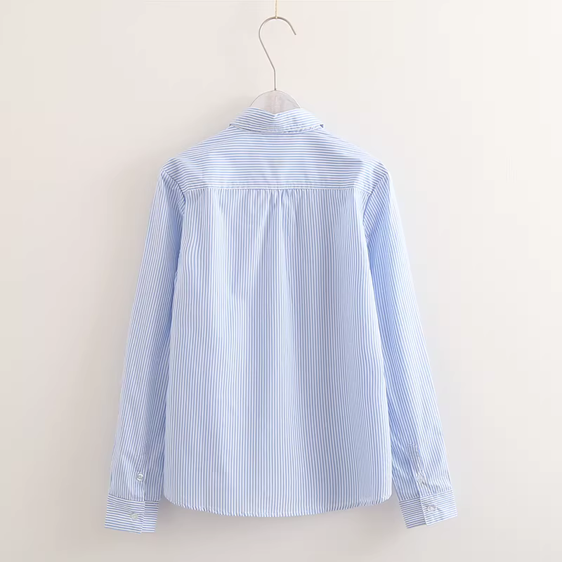 Áo sơ mi cotton kẻ sọc dọc mới mùa thu 2024 Dream Box, cổ trụ, tay dài, dáng ôm.