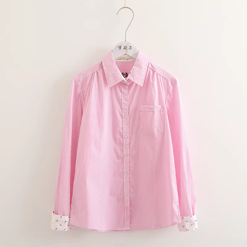 Áo sơ mi cotton kẻ sọc dọc mới mùa thu 2024 Dream Box, cổ trụ, tay dài, dáng ôm.