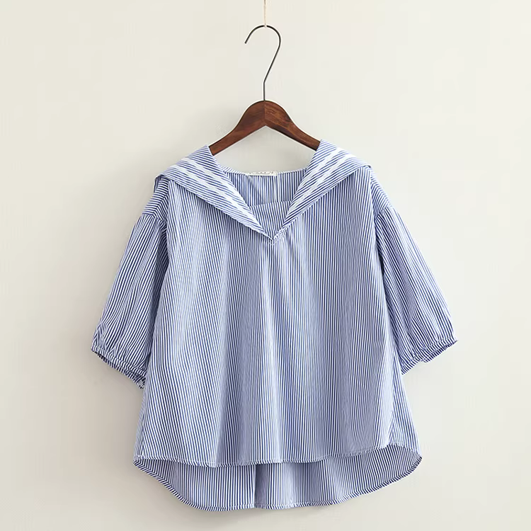 Áo sơ mi nữ phong cách hải quân mùa hè Dream Box 2024, áo sơ mi dáng rộng cổ thủy thủ phối sọc, áo sơ mi size lớn.