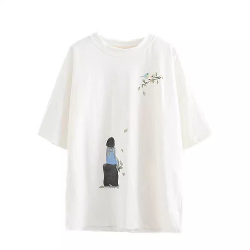 Dream Box 2021 Mùa Hè Mới Chim In Hình Cô Gái Sinh Viên Top Nữ Cổ Tròn Chui Đầu Tay Ngắn Rời Áo Thun Trắng