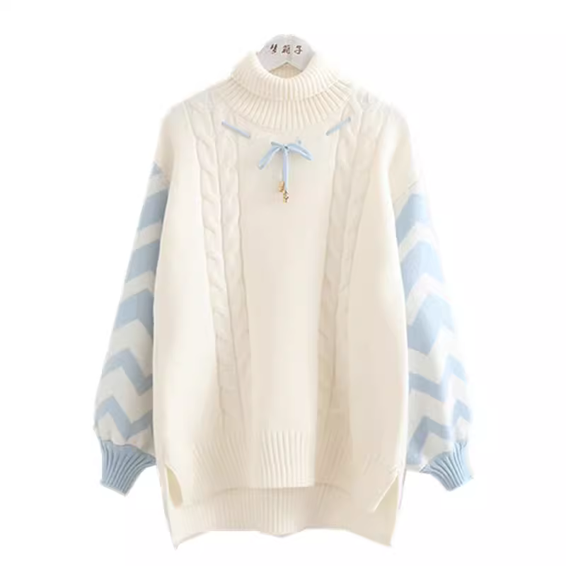 Áo len cao cổ tay đèn lồng phối màu Xuân 2024 Dream Box dành cho nữ, chất liệu dệt kim xoắn ốc, kiểu dáng dễ thương