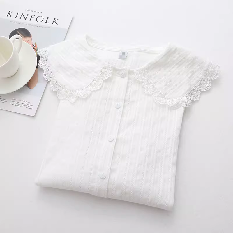 Áo sơ mi nữ Dream Box 2025 kiểu mới chất liệu cotton jacquard cao cấp, cổ ren, dáng rộng, màu trắng, đa năng