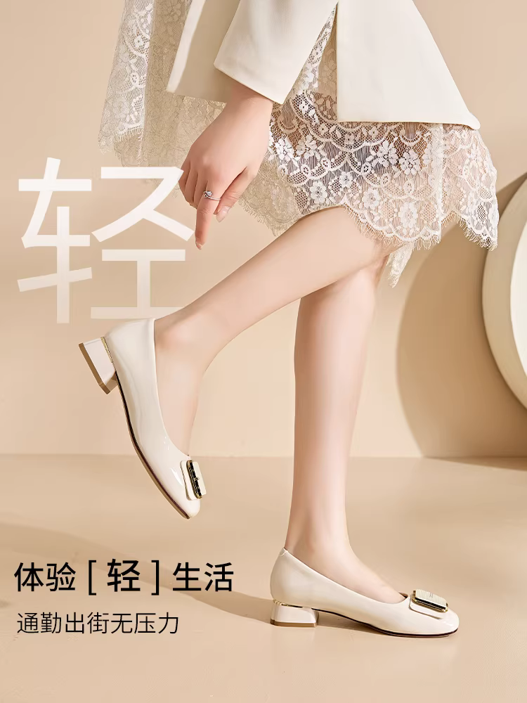 Giày nữ Dadong Xiaoxiangfeng 2025 kiểu mới mùa thu, gót trung bình, gót thô, phong cách dạ hội thanh lịch, giày nữ miệng nông