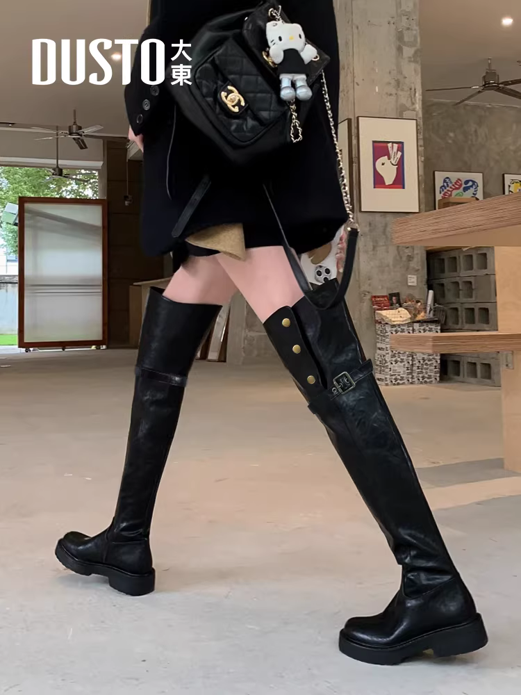 Giày bốt cao quá gối Dadong dành cho nữ, mẫu mới thu đông 2025, đế dày, màu nâu Melard, kiểu cao cổ, kiểu đi cưỡi ngựa