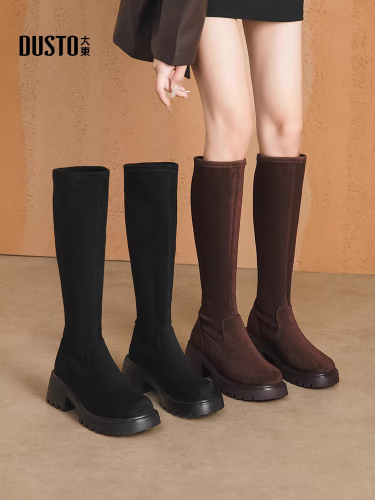 Giày bốt cao cổ đế dày Dadong dành cho nữ 2025, mẫu mới thu đông, màu đen, cao quá đầu gối, kiểu ôm sát, chất liệu thun.