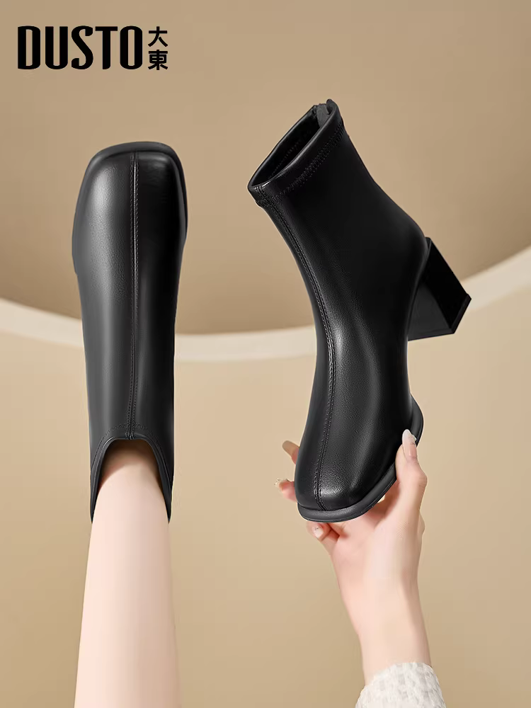 Giày bốt ngắn Dadong Chelsea nữ 2025 kiểu mới mùa thu màu đen cao gót mũi vuông giày bốt cổ ngắn nữ kiểu Pháp Martin