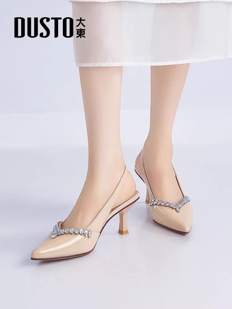 Giày cao gót đính đá mũi nhọn Dadong dành cho nữ, dép sandal hở lưng kiểu Pháp mùa hè mới 2025, sandal cao gót.