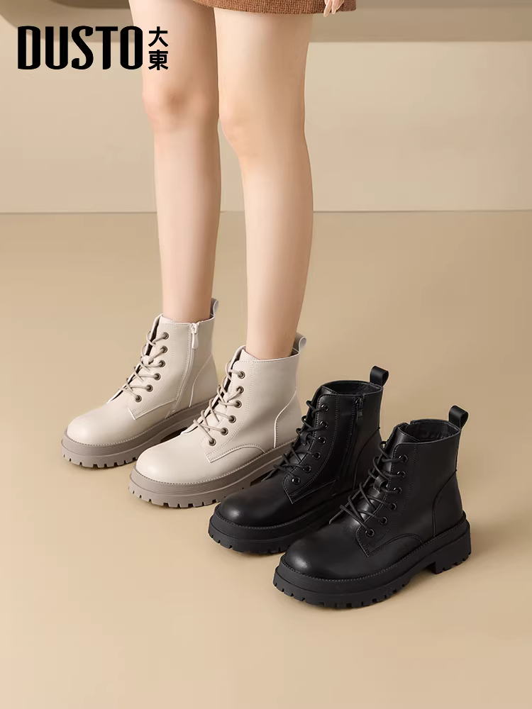 Giày bốt Martin đế dày Dadong dành cho nữ 2025, giày bốt mùa đông mới, giày bốt nữ dáng ôm màu đen phong cách Anh, giày bốt ngắn lót lông cừu