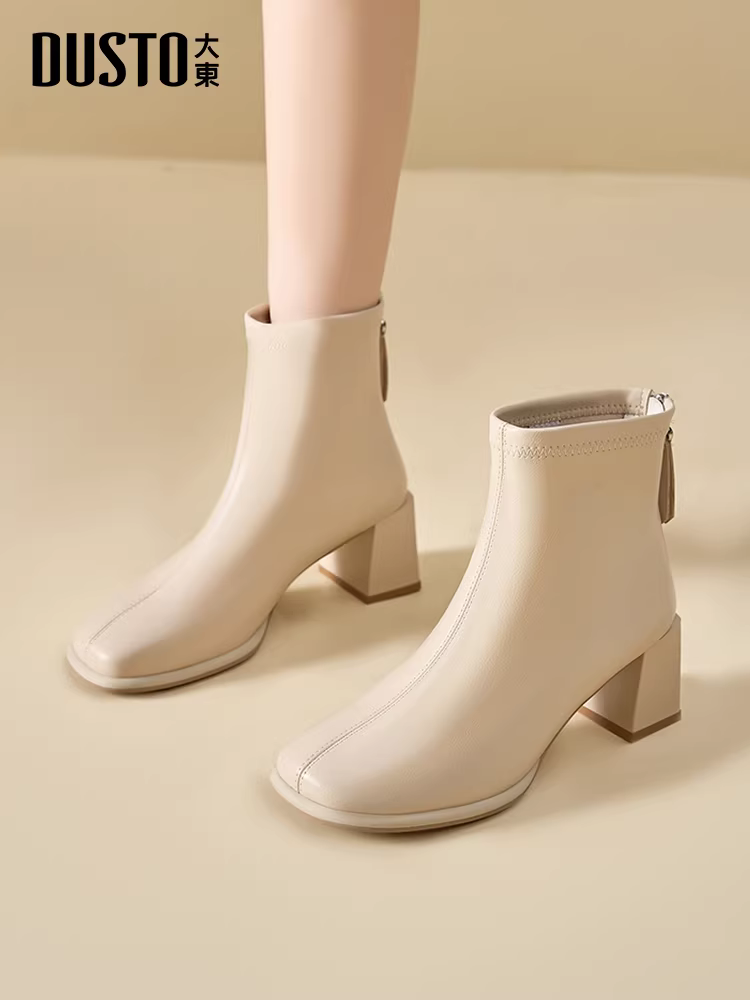 Giày bốt ngắn Dadong Chelsea nữ 2025 mới thu đông, gót dày cao, màu trắng, lót lông, kiểu Pháp, cổ ngắn