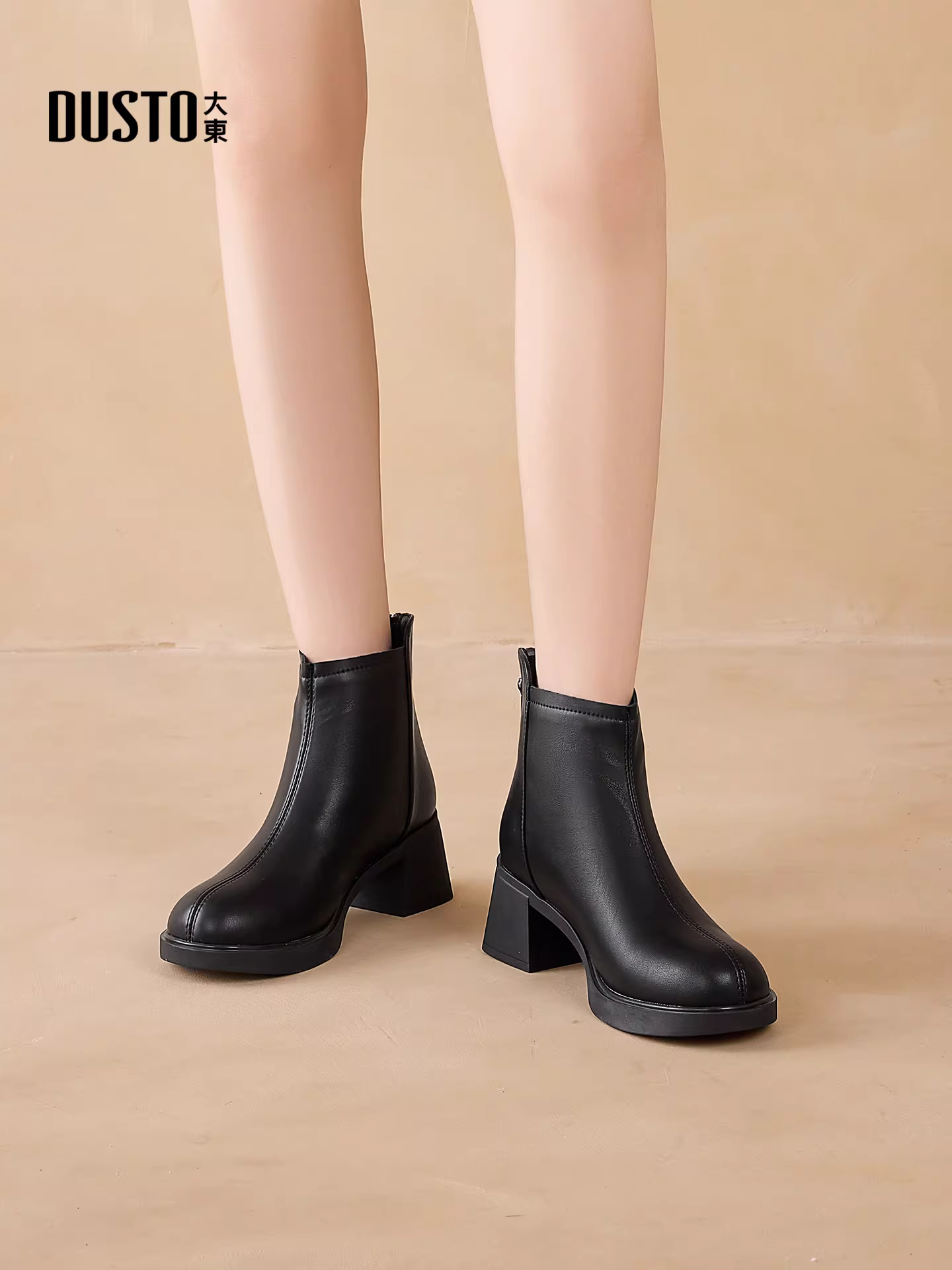 Giày bốt cổ ngắn đế thô màu đen Dadong dành cho nữ, mẫu mới mùa đông 2025, giày nữ lót lông, bốt ôm dáng, phong cách Anh, kiểu bốt Martin