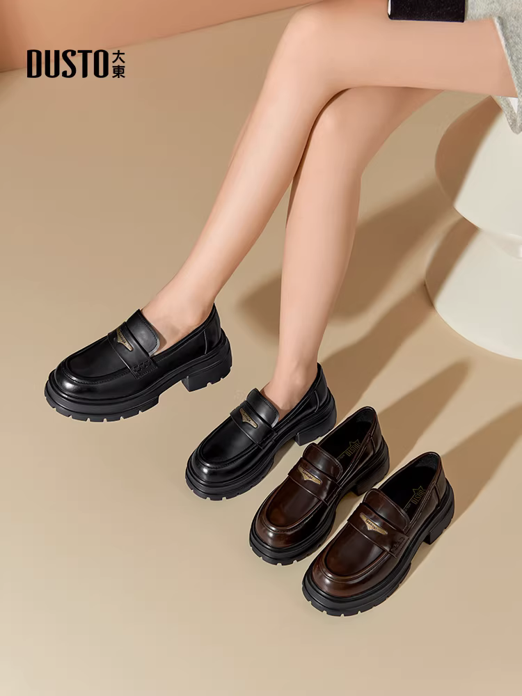 Giày lười đế dày Dadong dành cho nữ 2025, giày nữ thu đông mới, phong cách Anh, đa năng, giày da đen, giày bệt đi làm