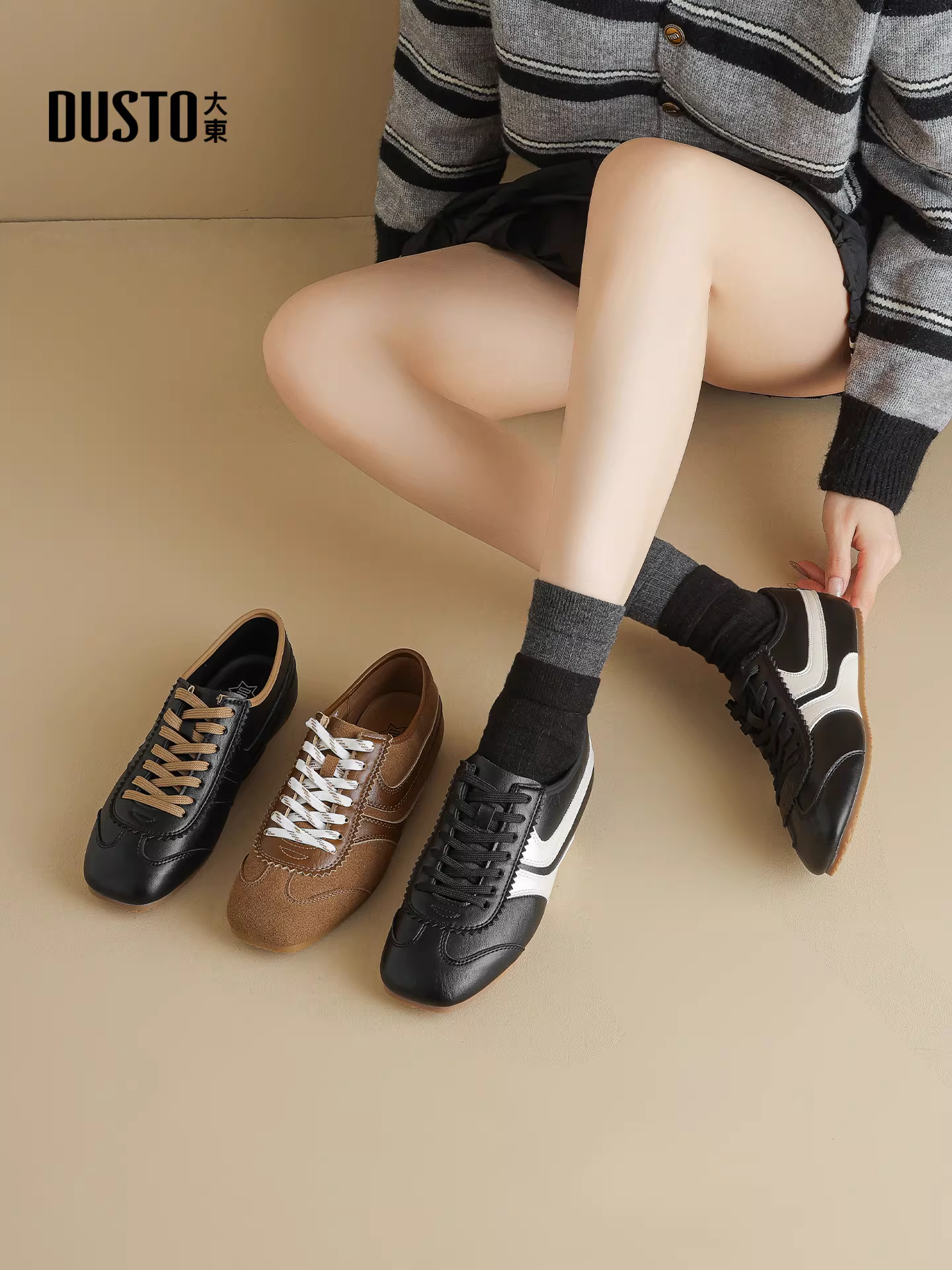 Giày nữ Dadong Dexun 2025 mới thu đông, giày đen thoải mái và thời trang, giày bệt phối màu.