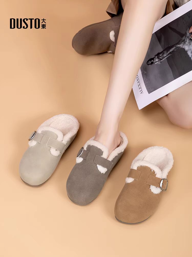 Giày Birkenstock nữ đế bệt, mũi kín, lót lông cừu, mùa thu/đông 2025