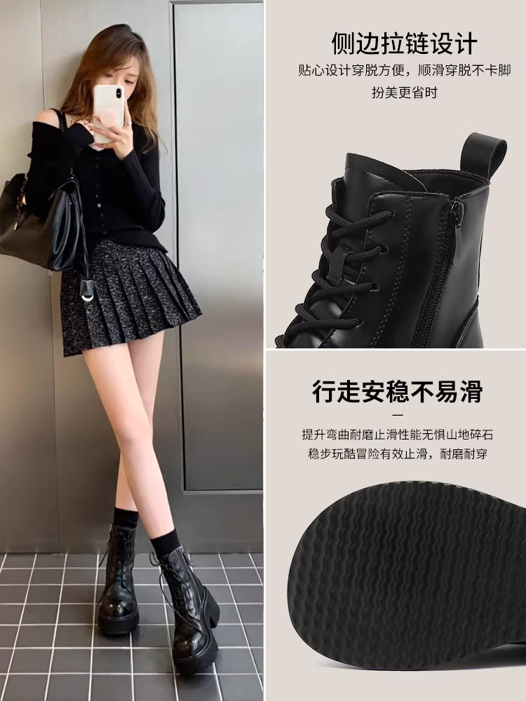 Giày bốt Martin đế dày màu đen Dadong dành cho nữ, kiểu Anh mới mùa thu đông 2025, bốt ngắn rất thời trang có lớp lót lông cừu dành cho nữ.
