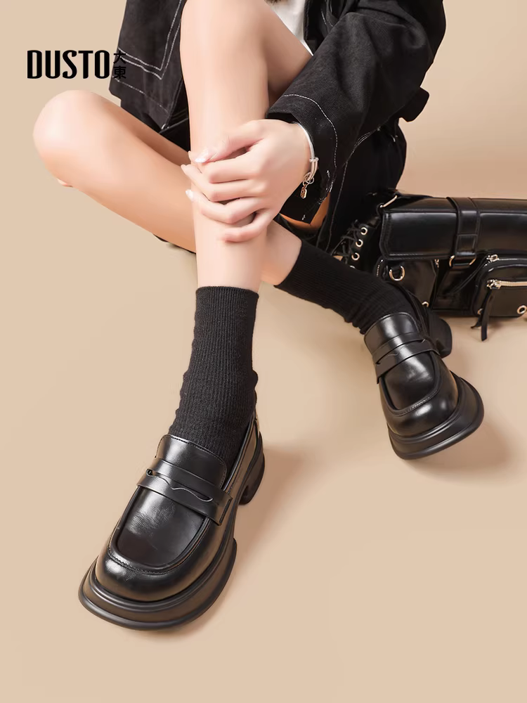 Giày lười trắng Dadong dành cho nữ 2025, mẫu mới thu đông, đế dày tăng chiều cao, kiểu Pháp Hepburn, mũi tròn, giày da nhỏ nhắn