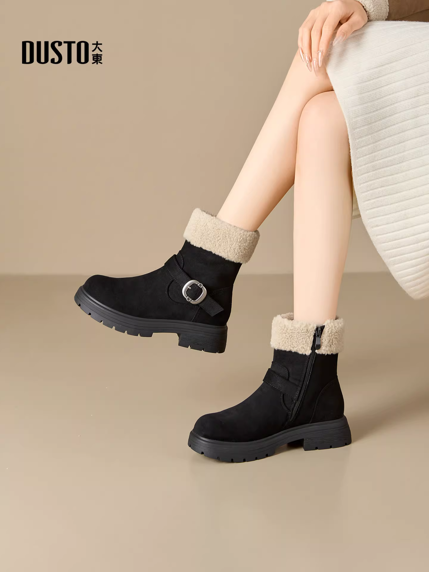 Giày bốt Martin đế dày lót lông giữ ấm cho nữ, mùa đông 2025, màu nâu Melard, giày bốt đi tuyết dành cho nữ.