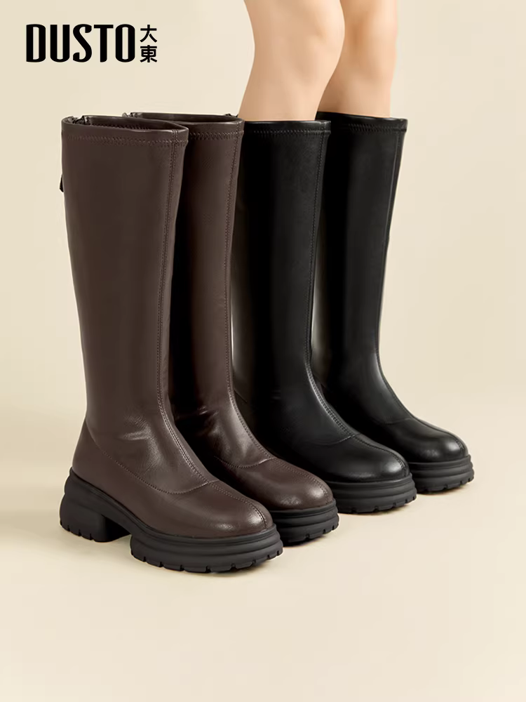 Giày bốt dài màu đen Dadong dành cho nữ, kiểu mới thu đông 2025, bốt đế dày dành cho người nhỏ nhắn, cao quá đầu gối, giúp thon gọn chân dày, bốt dài.