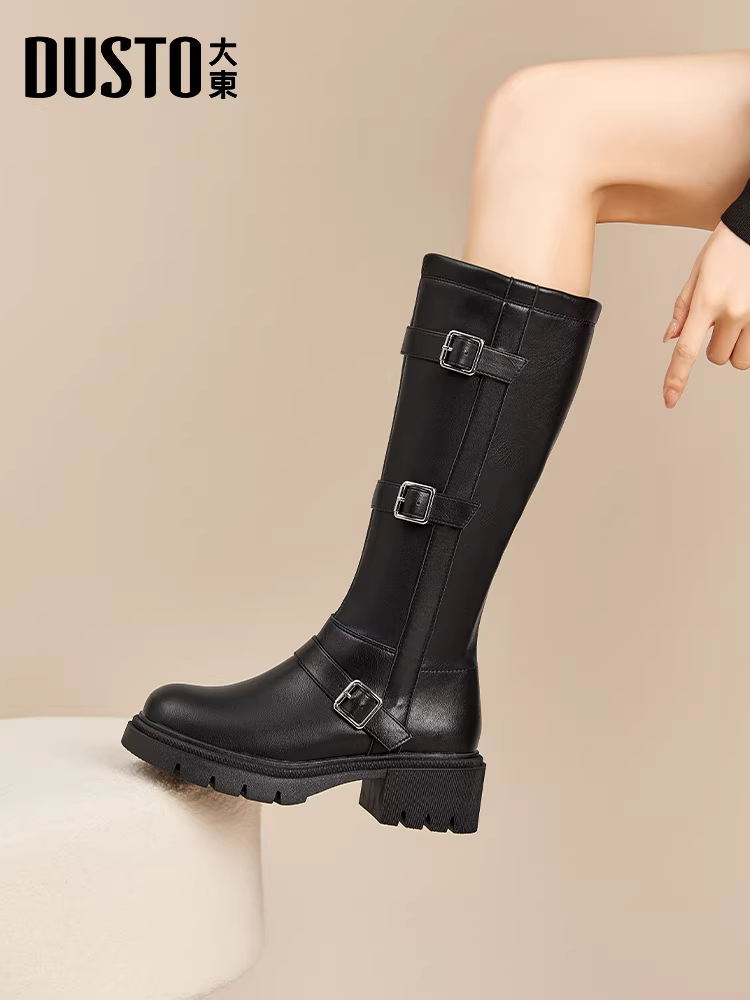Giày cao cổ Dadong dành cho nữ, mẫu mới thu đông 2025, màu đen, kiểu cao bồi miền Tây, đế dày, cổ cao.
