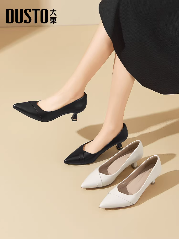 Giày nữ kiểu Pháp Dadong 2025, giày mùa thu mới đi làm, phối chân váy, giày nữ, giày cao gót trắng đế thô mũi nhọn