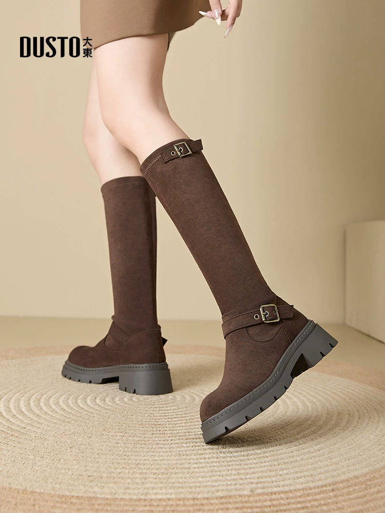 Giày bốt dài màu đen Dadong dành cho nữ 2025, mẫu mới thu đông, kiểu ôm sát, đế dày, cổ cao, kiểu đi xe.