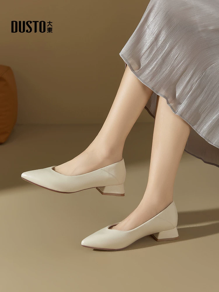 Giày nữ kiểu Pháp Dadong 2025 mẫu mới mùa thu, giày lười nữ đi làm, màu đen, gót vuông, mũi nhọn, cao gót