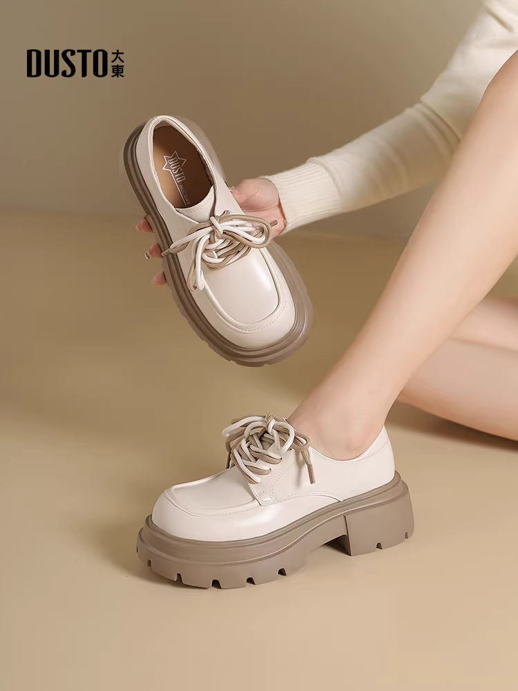 Giày lười nữ đế dày, giày nữ buộc dây mới mùa thu đông 2025, giày da tăng chiều cao kiểu Anh màu đen.