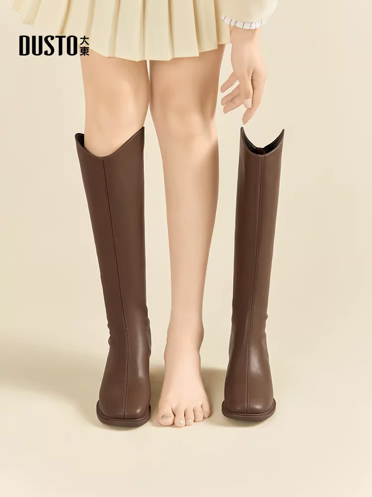 Giày bốt cao gót dài Dadong dành cho nữ, kiểu mới thu đông 2025, bốt cao cổ đi xe, bốt trắng nữ, bốt dài kiểu Pháp cổ chữ V.