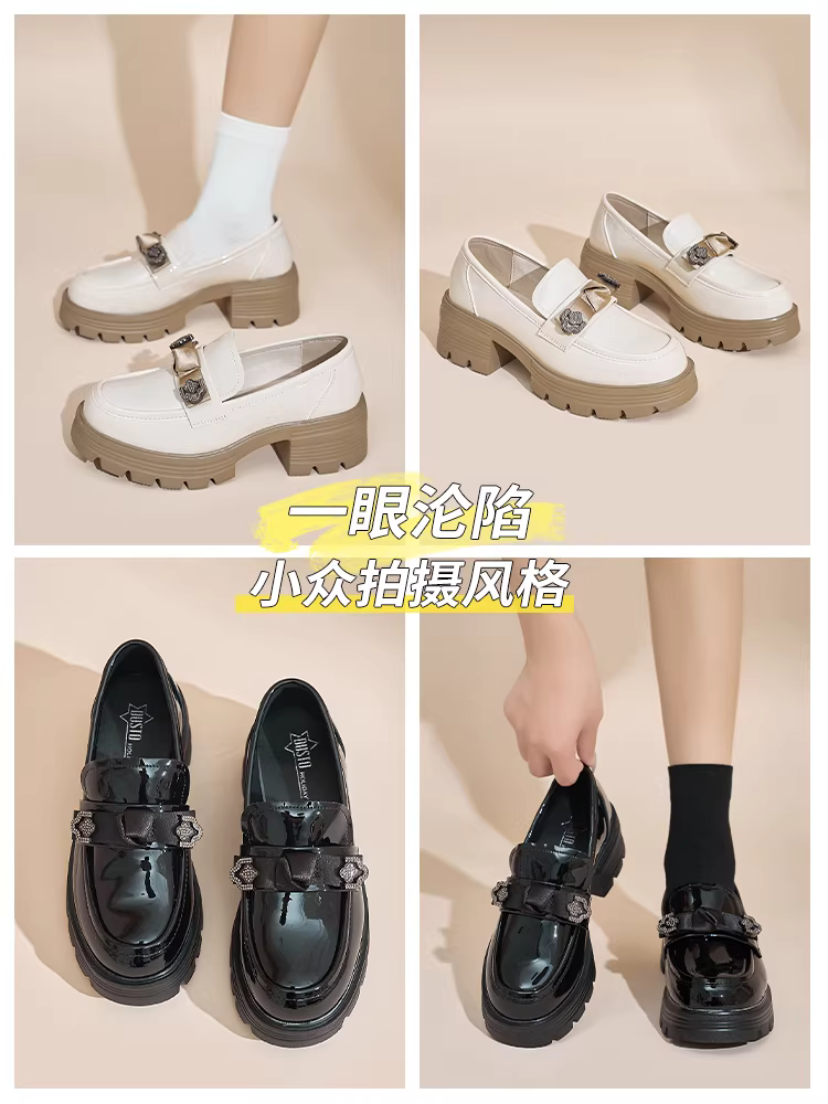 Giày da nhỏ kiểu Anh Dadong màu đen dành cho nữ, mẫu mới thu đông 2025, mũi tròn, mũi rộng, đế dày, chất liệu da bóng.