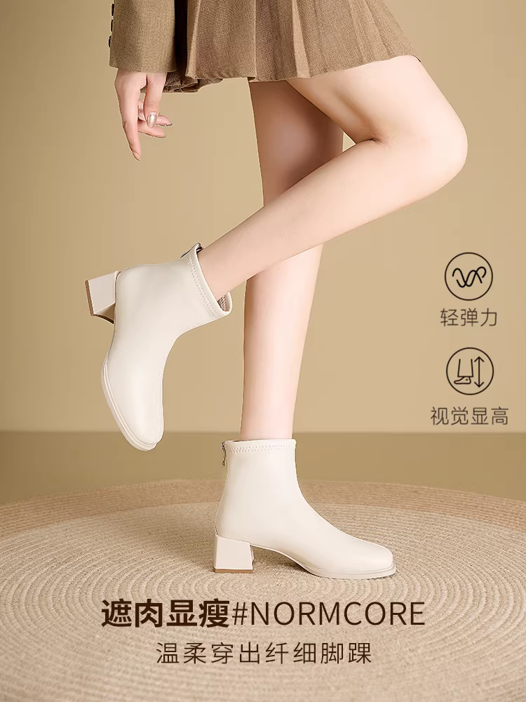 Giày bốt cổ ngắn đế dày kiểu phương Đông dành cho nữ 2025 mới mùa thu Giày bốt lót lông Melard Giày bốt dáng ôm Giày bốt Chelsea nữ