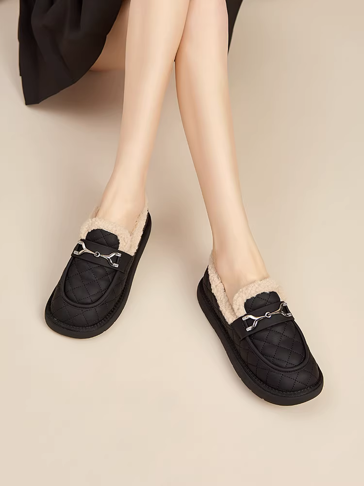 Giày bông nữ mùa đông 2025 kiểu mới, lót lông ấm áp, giày bệt đen, ủng bông.