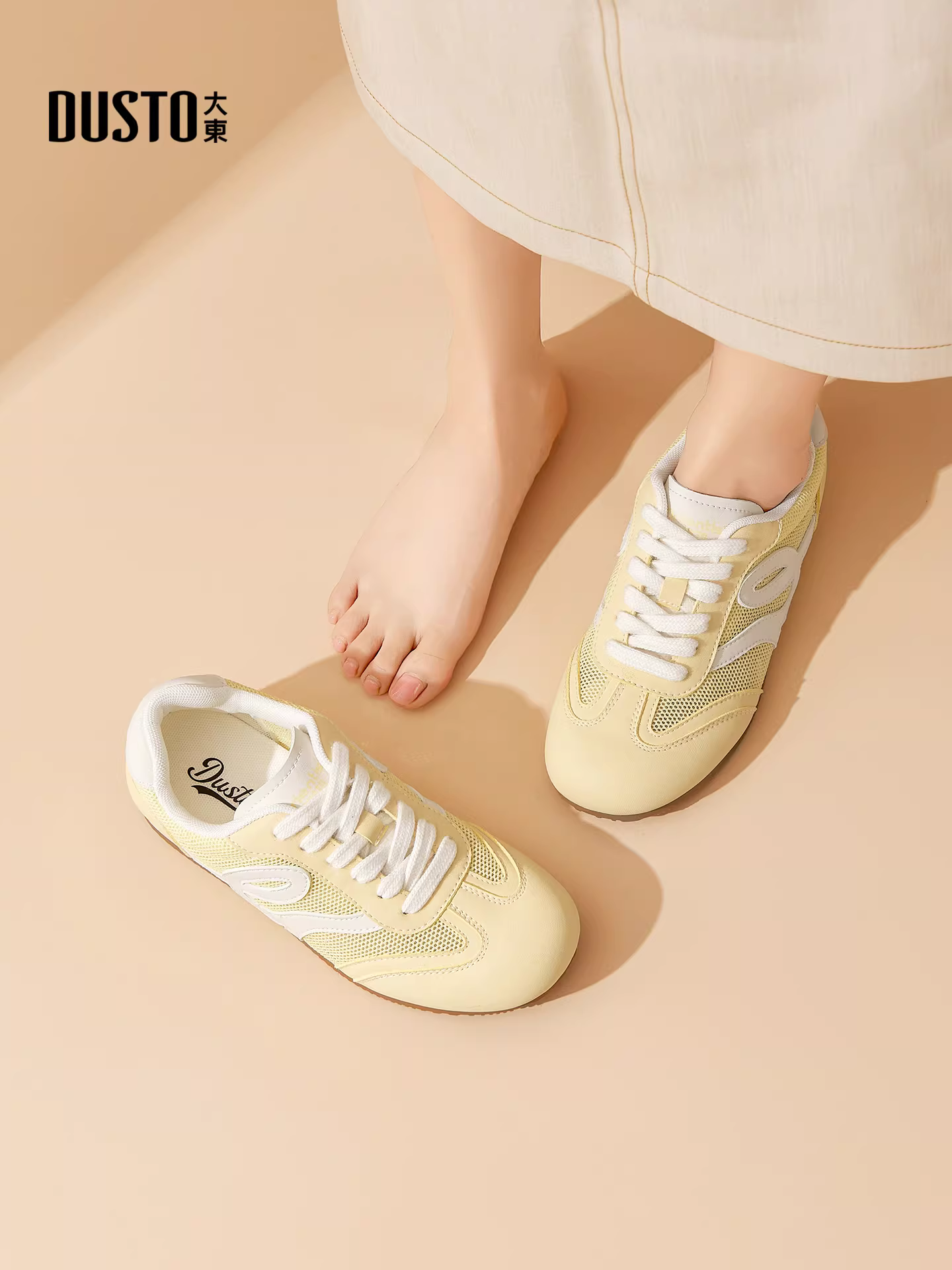 Giày thể thao nữ Dadong màu vàng, kiểu dáng mới 2025, chất liệu lưới thoáng khí, đế mềm, thời trang, giày thể thao nữ cá tính.