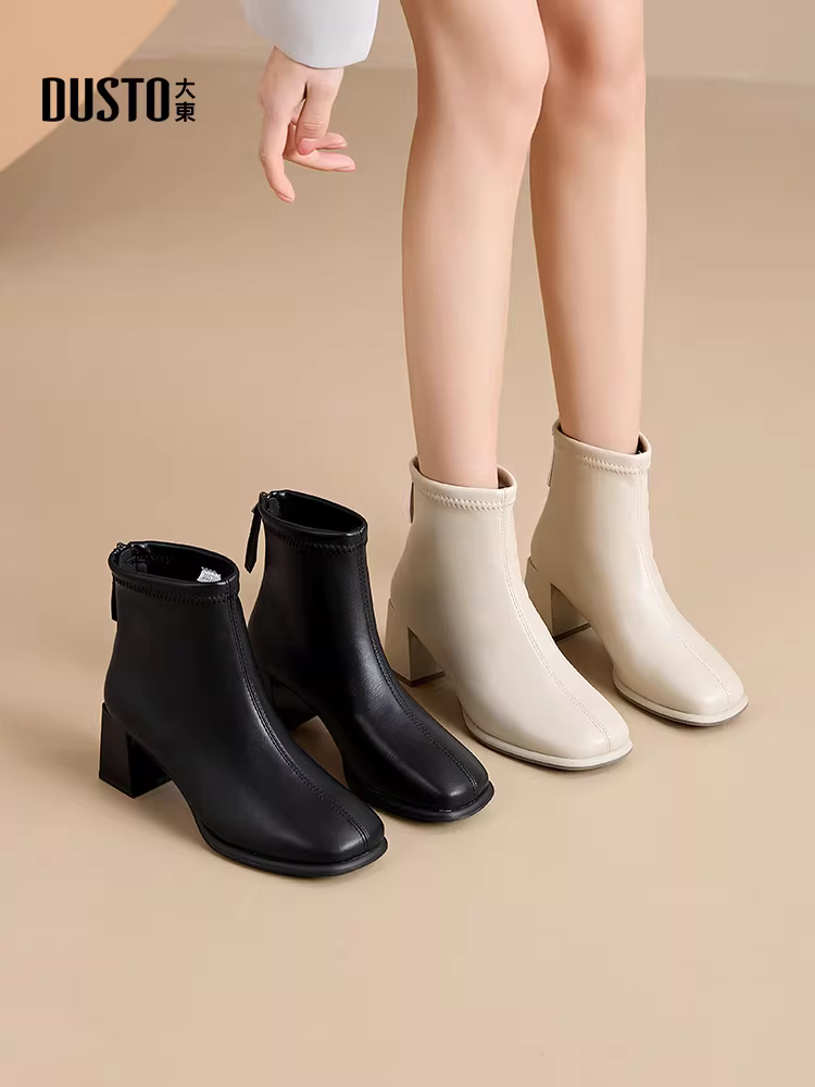 Giày bốt cổ ngắn cao gót màu trắng Dadong dành cho nữ 2025 Giày bốt Chelsea mới mùa thu đông Giày bốt dáng ôm Giày bốt lót lông cừu Giày bốt Martin