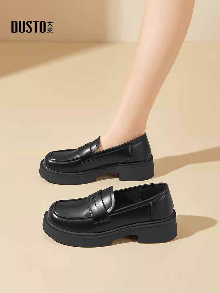 Giày lười đế dày màu đen Dadong dành cho nữ 2025 mới thu đông phong cách Anh quốc đa năng giày da nhỏ đi làm giày bệt nữ