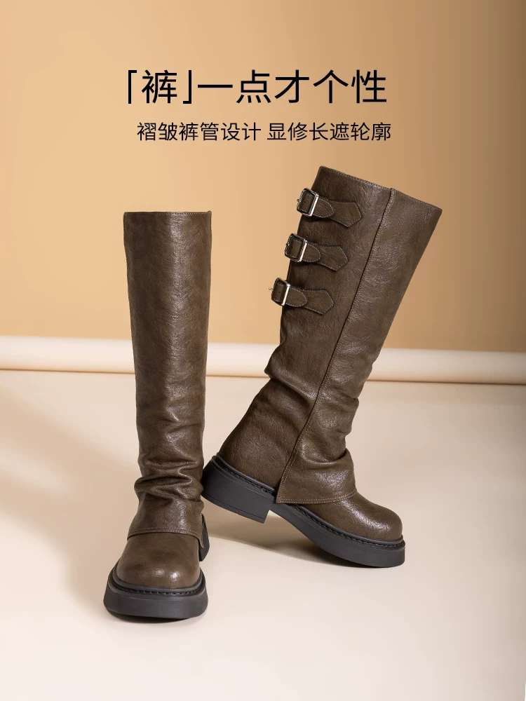 Giày bốt đế dày Dadong dành cho nữ, phong cách mới đầu thu 2025, bốt Melard màu nâu, bốt nữ, bốt dáng lười cổ điển, bốt dài.