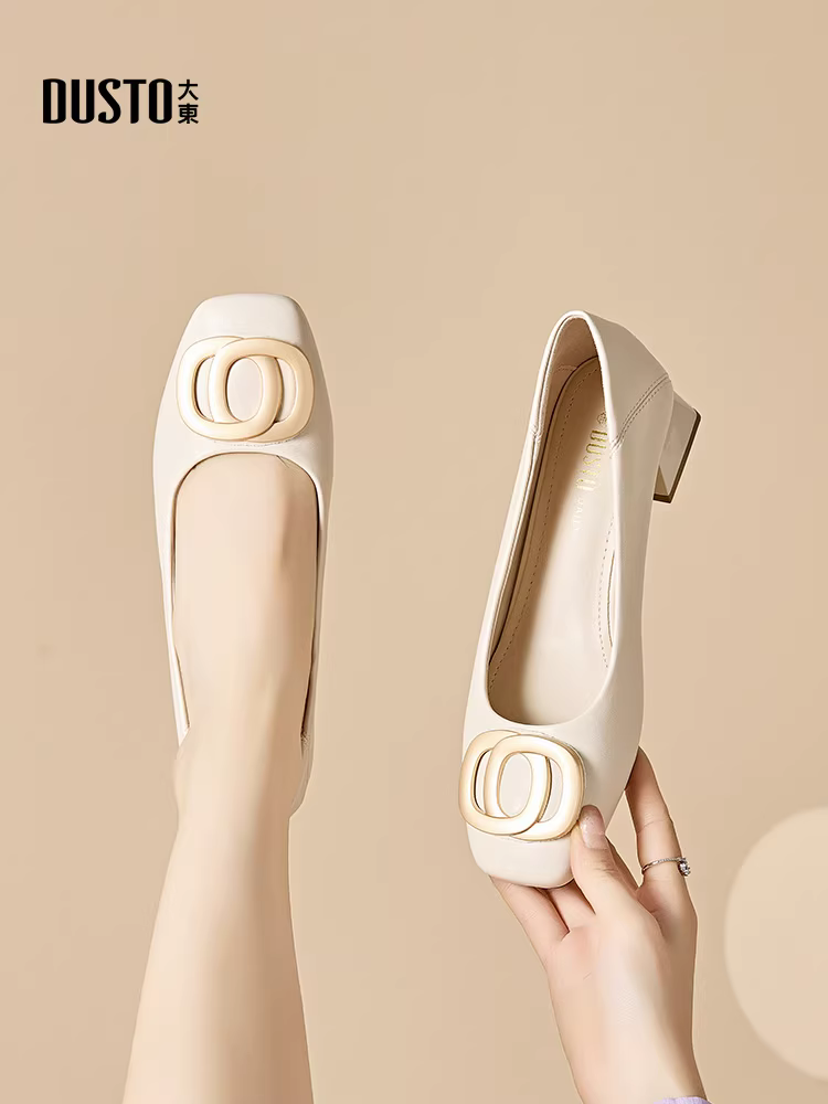 Giày bệt màu be Dadong dành cho nữ, mẫu mới thu 2025, gót dày, mũi vuông, gót cao trung bình, giày cao gót, giày đi làm, giày nữ đế mềm, kiểu lười