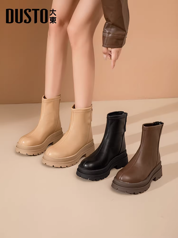 Giày bốt đế dày Dadong dành cho nữ, kiểu mới thu đông 2025, màu cà phê, kiểu Melard, bốt nữ ôm dáng co giãn, kiểu Martin.