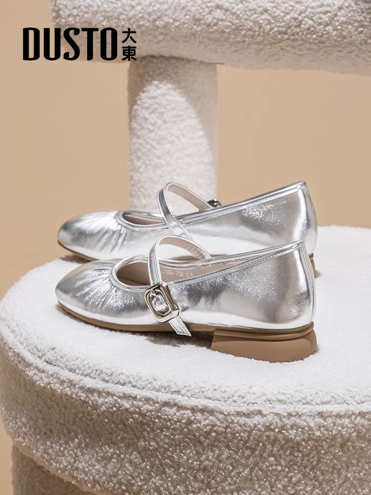 Giày bệt bạc Dadong dành cho nữ, kiểu thu mới 2025, phối cùng chân váy, giày bệt xếp ly, giày Mary Jane đế mềm.
