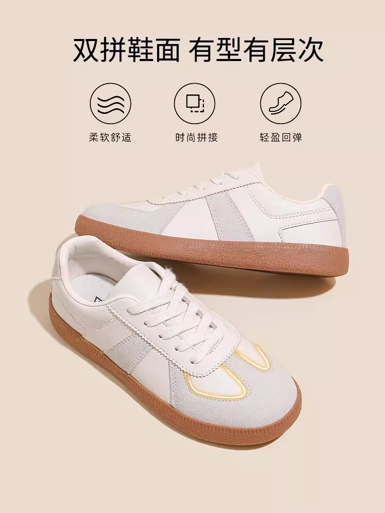Giày nữ Dadong Dexun 2025 mẫu mới thu đông, phối cùng quần ống rộng, giày thể thao, giày sneaker, giày trắng.