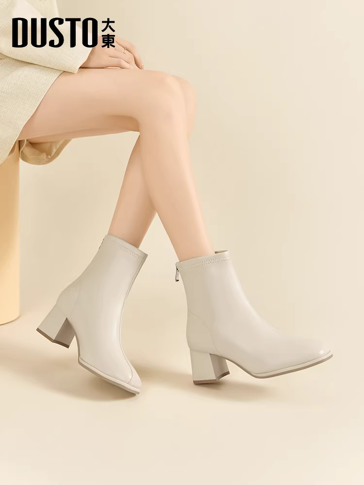 Giày bốt cao gót ngắn Dadong dành cho nữ 2025, mẫu mới thu đông, màu đen, gót thô, kiểu bốt cổ ngắn, bốt Chelsea.