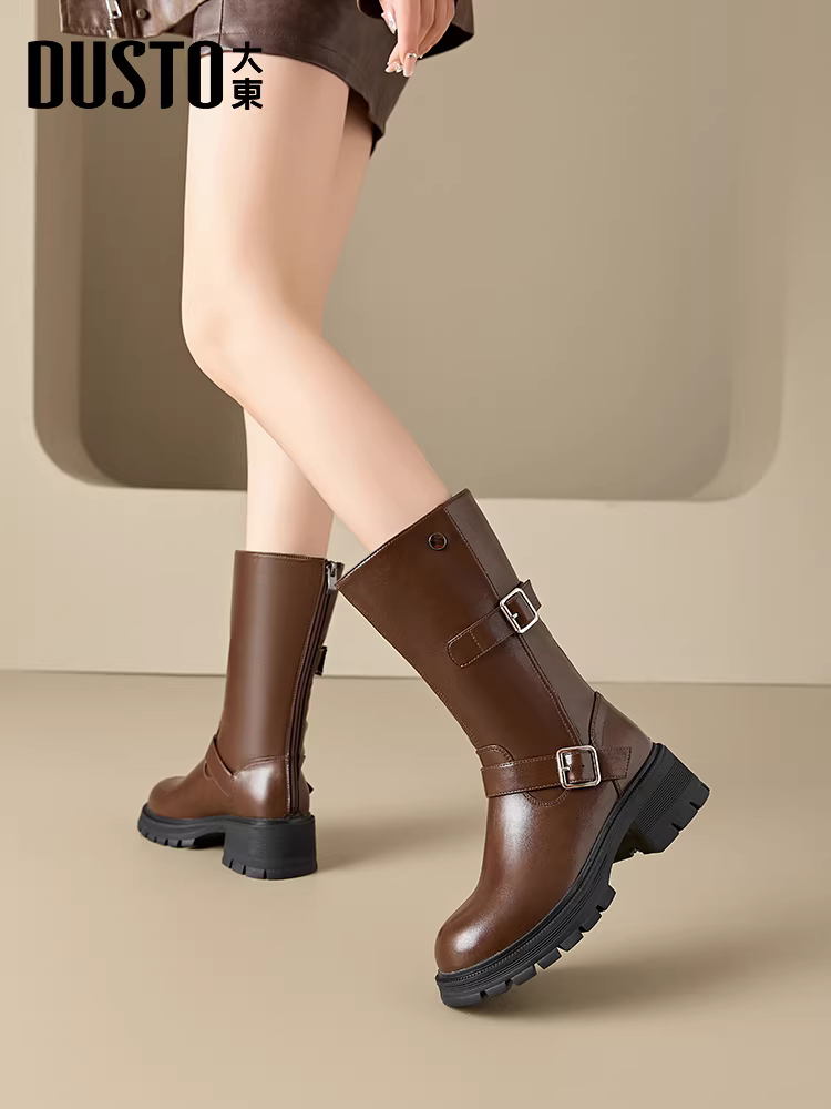 Giày bốt Dadongju thời trang cao đến giữa bắp chân dành cho nữ 2025, mẫu mới thu đông, kiểu Melard, kiểu Martin, màu nâu, giúp thon gọn chân, kiểu đi cưỡi ngựa