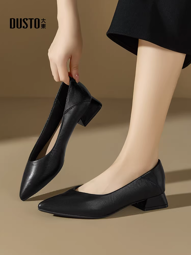 Giày nữ kiểu Pháp Dadong 2025 mẫu mới mùa thu, giày lười nữ đi làm, màu đen, gót vuông, mũi nhọn, cao gót