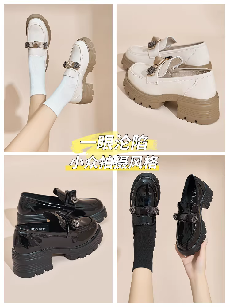 Giày da nhỏ kiểu Anh Dadong màu đen dành cho nữ, mẫu mới thu đông 2025, mũi tròn, mũi rộng, đế dày, chất liệu da bóng.