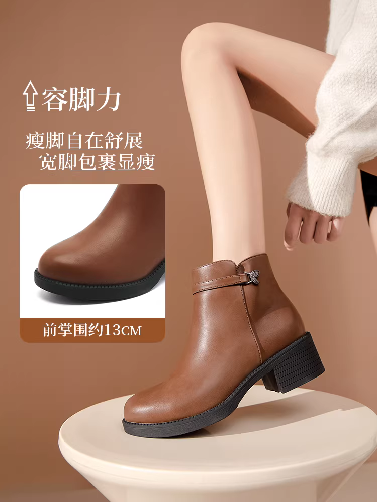 Giày bốt da lót lông cừu giữ ấm mùa đông Dadong dành cho nữ 2025, kiểu mới mùa thu đông, gót dày, bốt ngắn, giày bốt trung niên, giày cotton