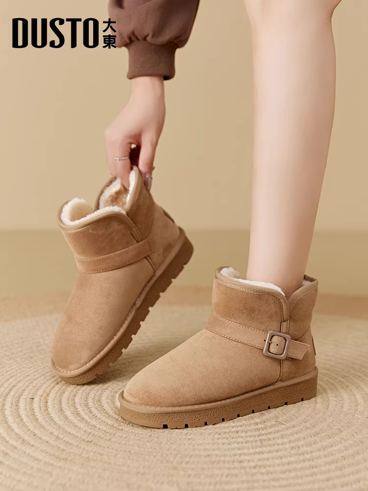 Giày bốt đi tuyết đế dày Dadong dành cho nữ, mẫu mới mùa đông 2025, tích hợp da và lông thú, bông tuyết có thêm lớp lông cừu, giày bông dày và ấm áp.