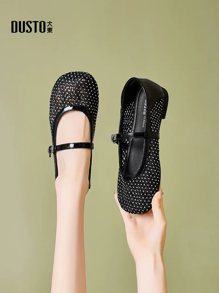 Giày nữ Dadong dệt thoáng khí kiểu rỗng năm 2025, giày nữ mùa hè đế mềm mát, giày bệt, sandal Mary Jane