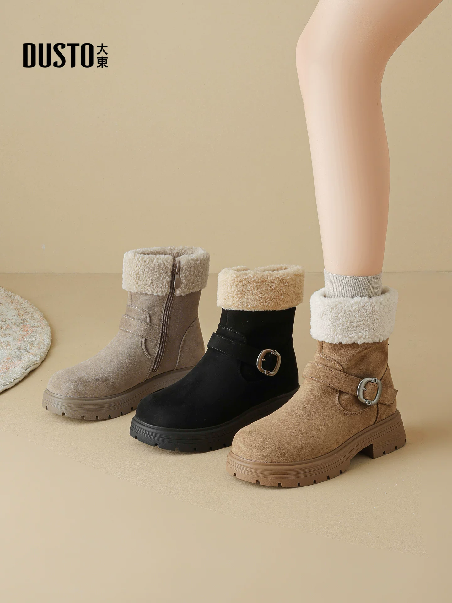 Giày bốt tuyết đế dày Dadong dành cho nữ 2025, mẫu mới mùa đông màu nâu, kiểu Birkenstock cổ ngắn, lót lông cừu, dày dặn và ấm áp, chất liệu cotton dành cho nữ.