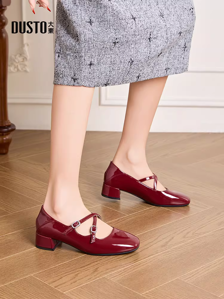 Giày Mary Jane đỏ Dadong dành cho nữ, kiểu dáng ballet mùa thu mới 2025, giày nữ gót dày, gót trung bình, giày đơn đế thấp