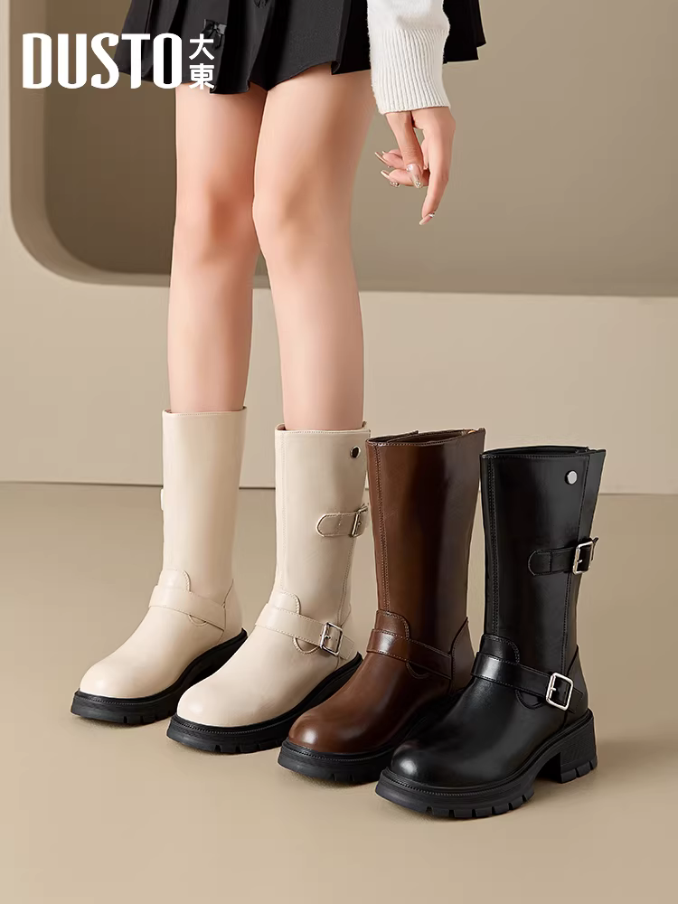 Giày bốt Dadongju thời trang cao đến giữa bắp chân dành cho nữ 2025, mẫu mới thu đông, kiểu Melard, kiểu Martin, màu nâu, giúp thon gọn chân, kiểu đi cưỡi ngựa