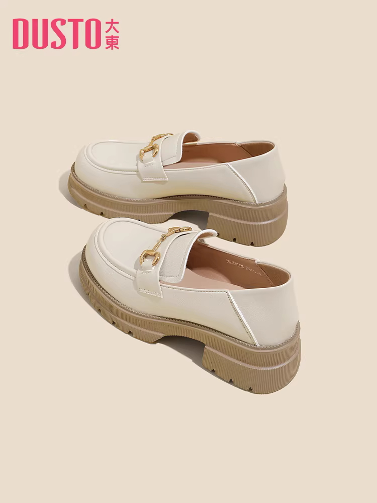 Giày lười nữ đế dày kiểu mới thu 2025, giày nữ gót dày, kiểu Anh, mũi rộng, tăng chiều cao, chất liệu da